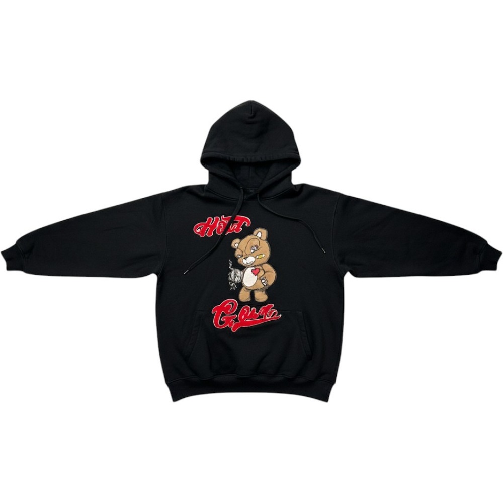 Bleecker & Mercer Mens Black Hard Core Teddy Bear Chenille Patch Hoodie Large